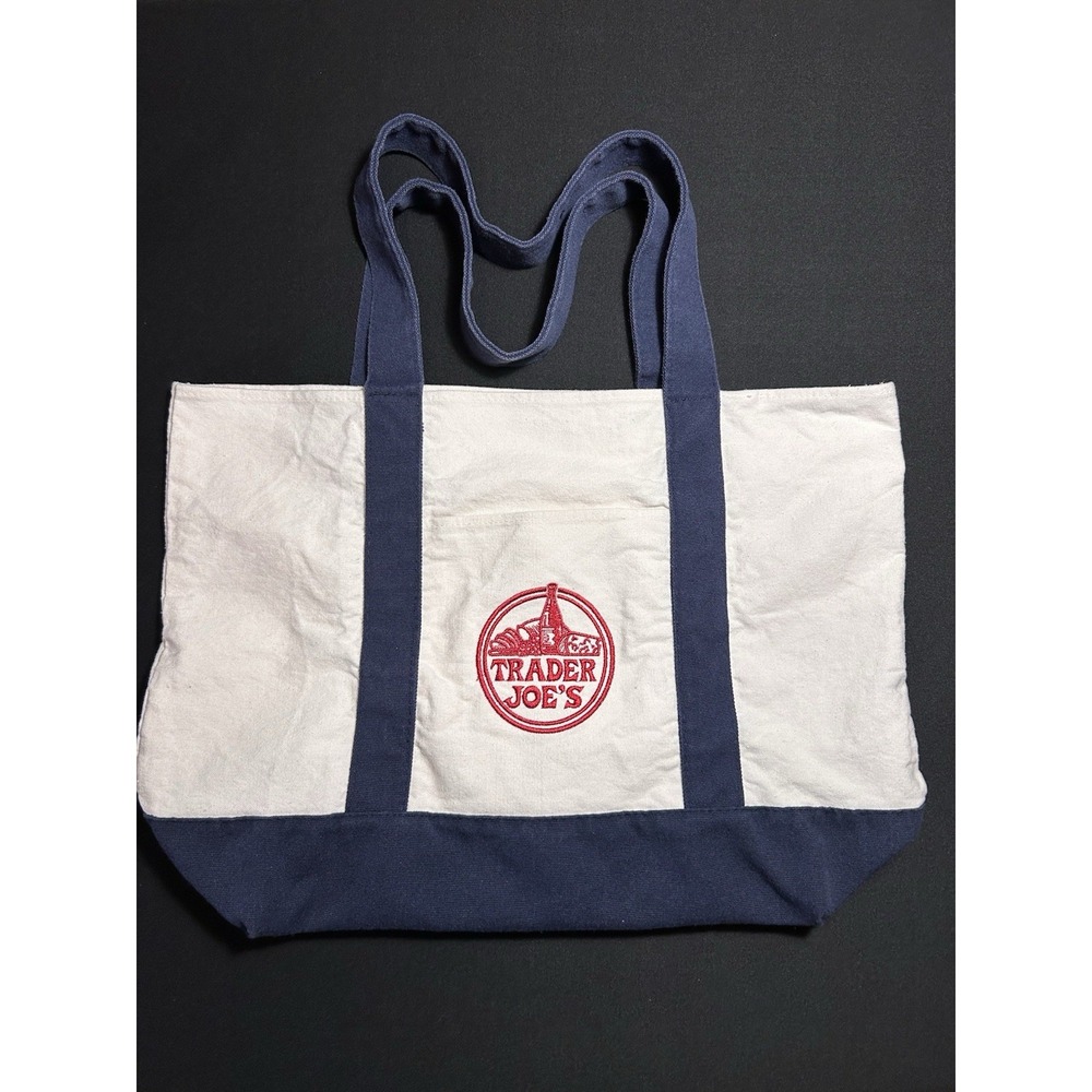 Trader Joe's Large Canvas Tote Bag Red White Blue Logo Classic Grocery Bag